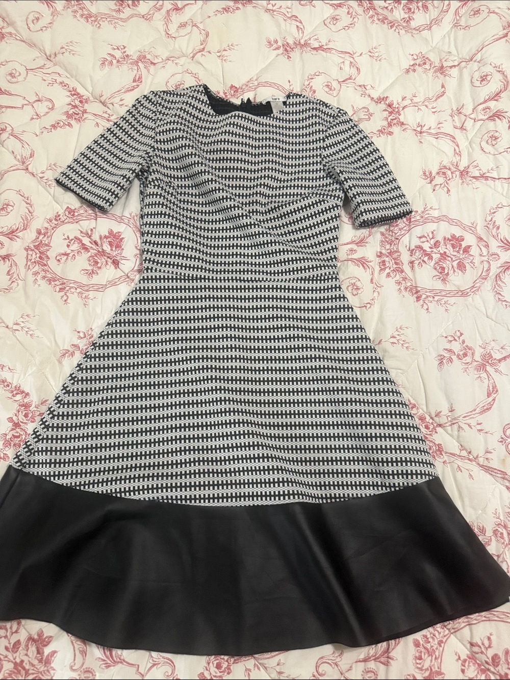 Bar III Black and White Textured Fit-and-Flare Midi Dress with Black Hem Trim